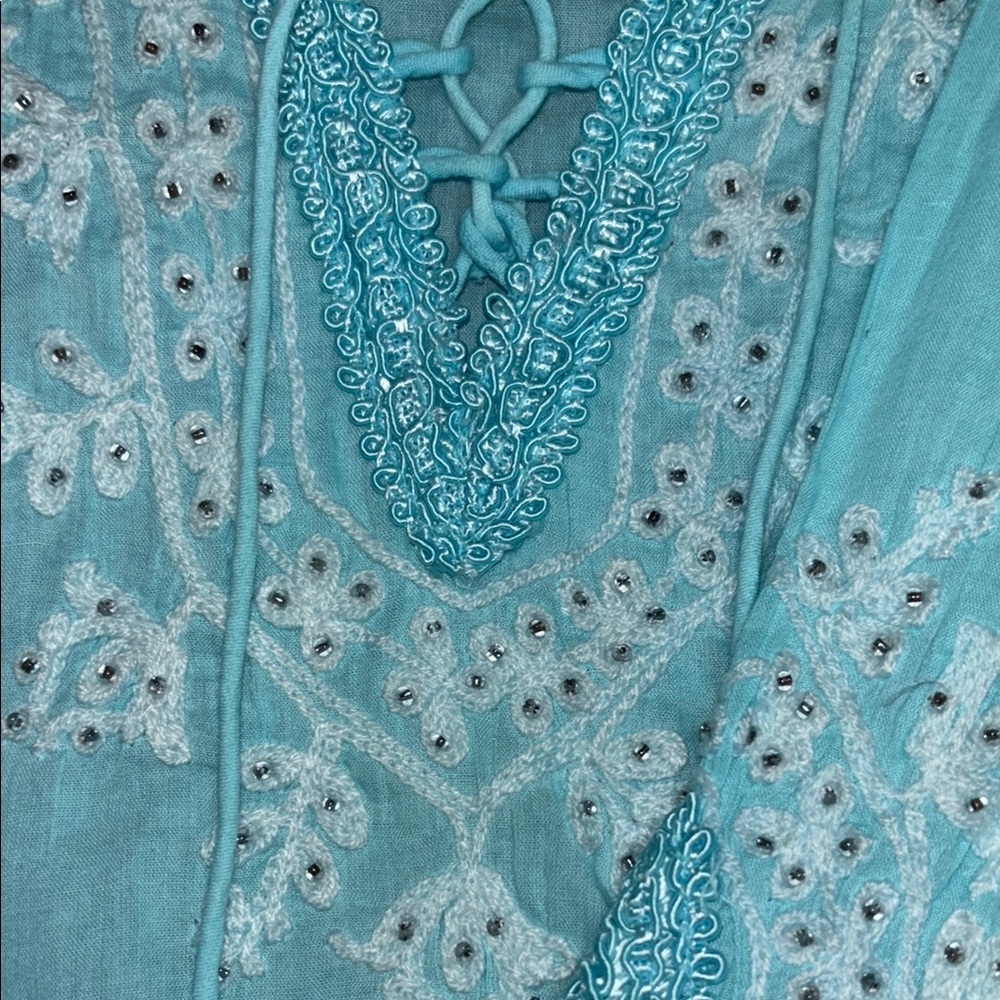 Melissa Odabash Sea Blue Embroidered Beaded Tunic Cover-Up Aqua Boho Luxe - Picture 6 of 11